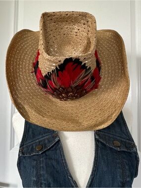 High Sierra Straw Hat with Red and Black Feather Trim - Genuine Kokokooler
